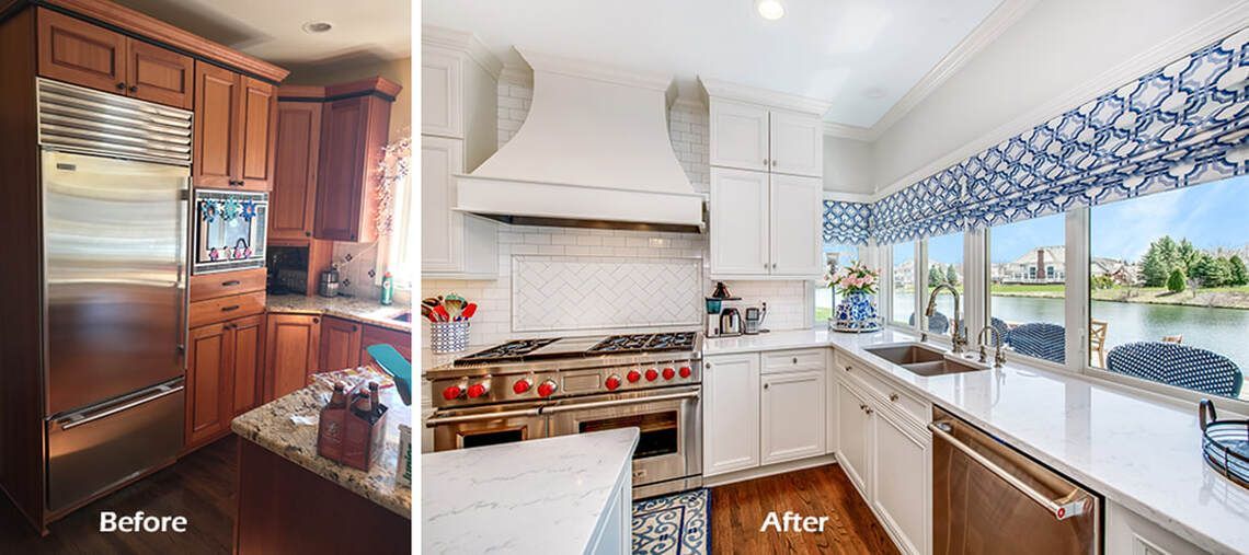 A before and after photo of a kitchen with white cabinets and stainless steel appliances.
