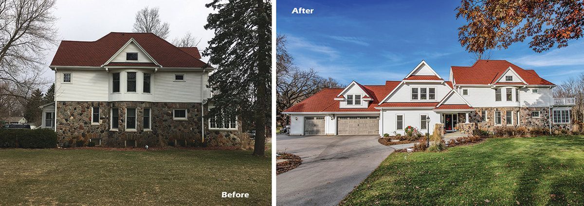 A before and after picture of a house with a red roof.