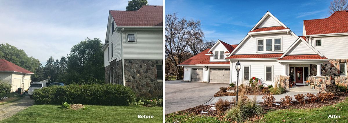 A before and after picture of a house with a red roof.