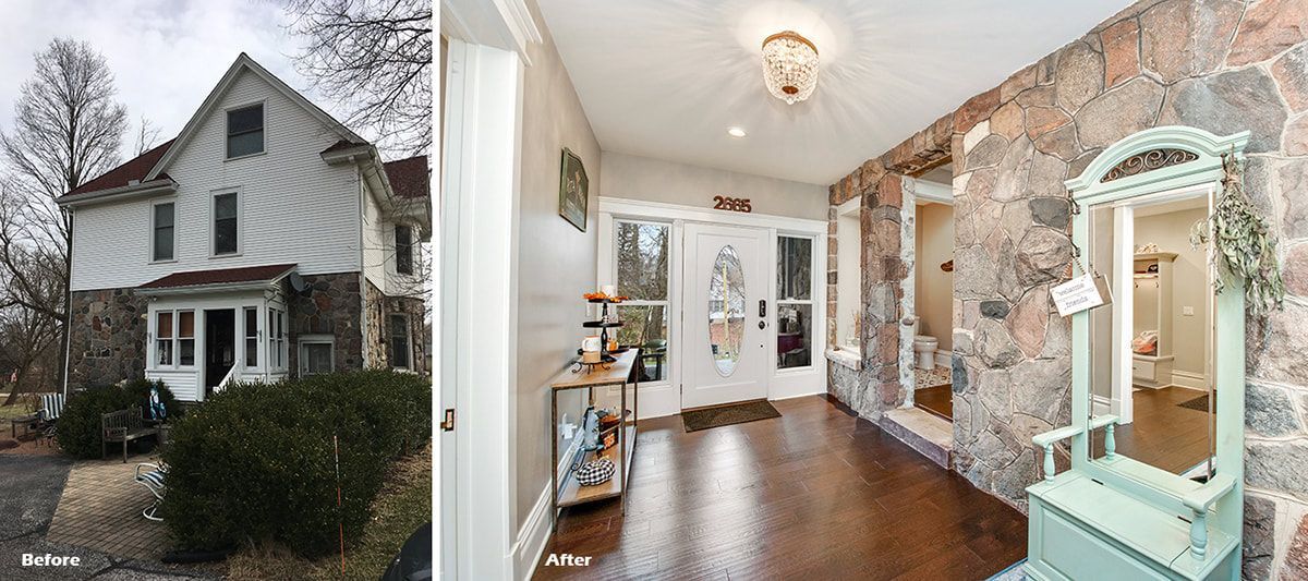 A picture of a house and a picture of a hallway.
