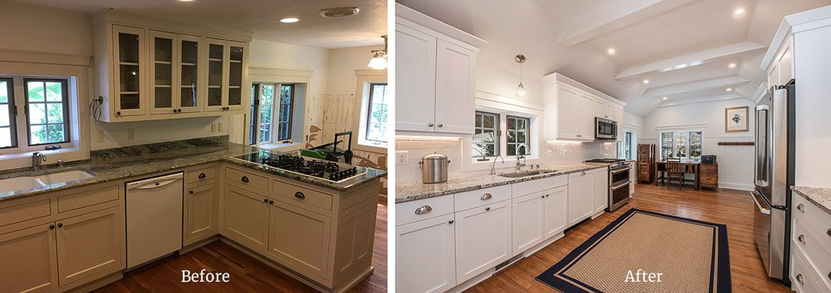 A before and after photo of a kitchen with white cabinets and granite counter tops.
