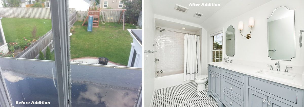 A picture of a backyard and a picture of a bathroom.