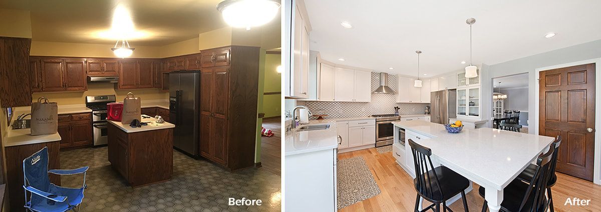 A before and after photo of a kitchen with wooden cabinets and white counter tops.