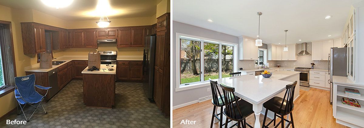 A before and after photo of a kitchen remodel.