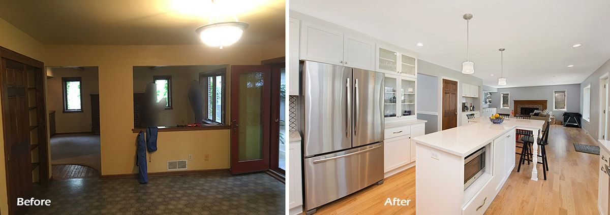 A before and after photo of a kitchen with stainless steel appliances.