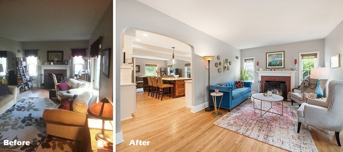 A before and after photo of a living room with a blue couch and a fireplace.