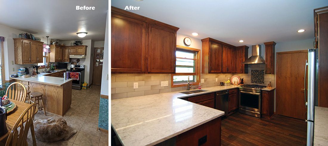 A before and after photo of a kitchen with wooden cabinets and granite counter tops.