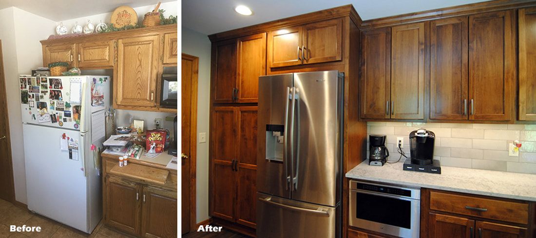 A before and after photo of a kitchen with wooden cabinets and stainless steel appliances.