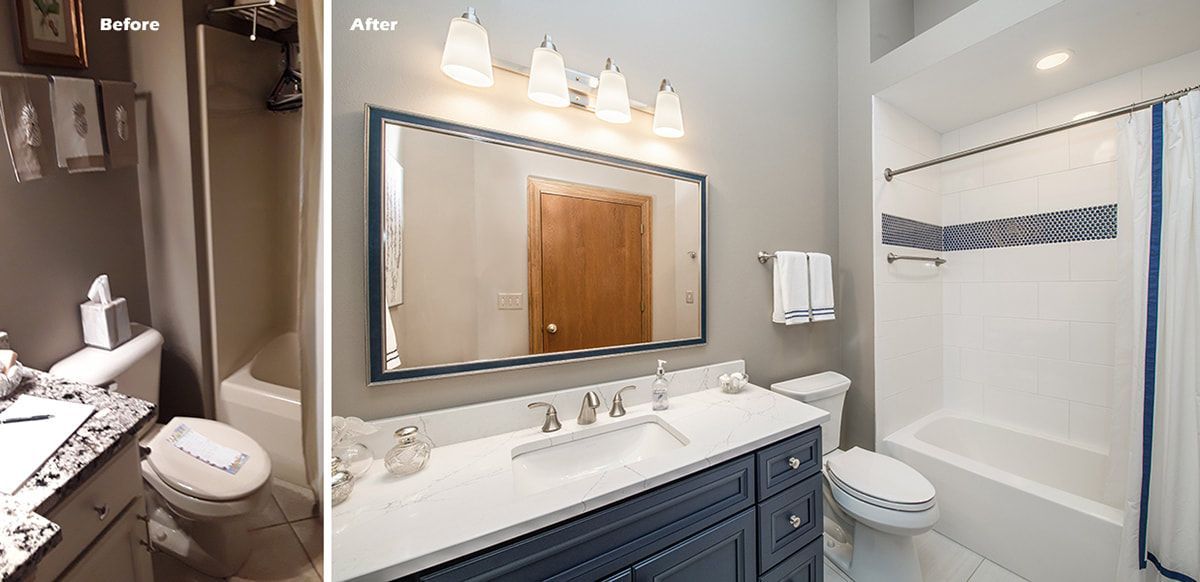 A before and after photo of a bathroom with a toilet, sink, and shower.