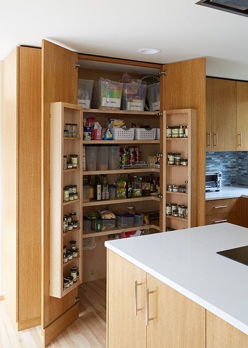 A pantry in a kitchen with the door open