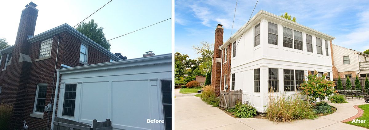 A before and after photo of a brick house and a white house.