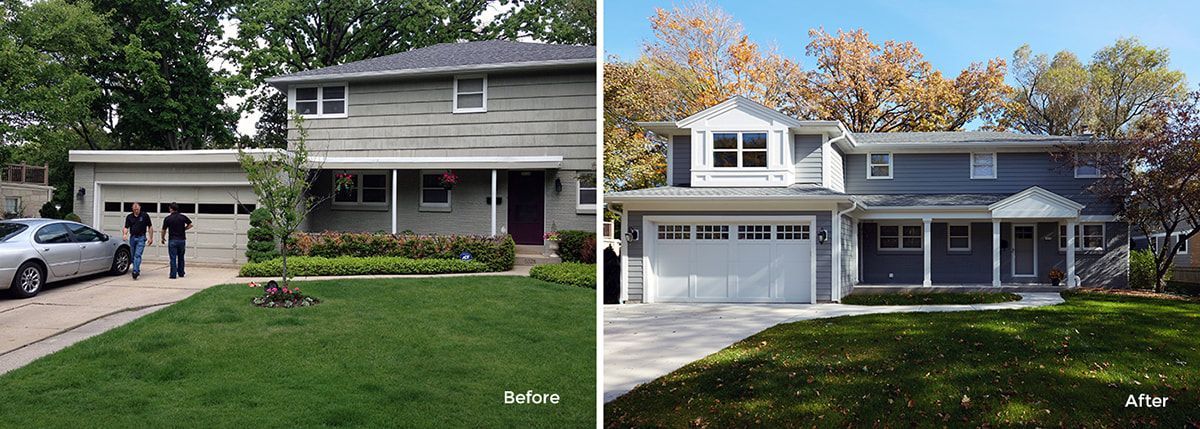 A before and after picture of a house with a car parked in front of it.