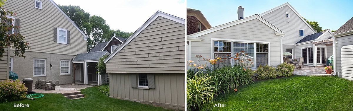 A before and after picture of a house.