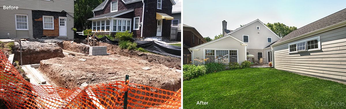 A before and after picture of a house being built.