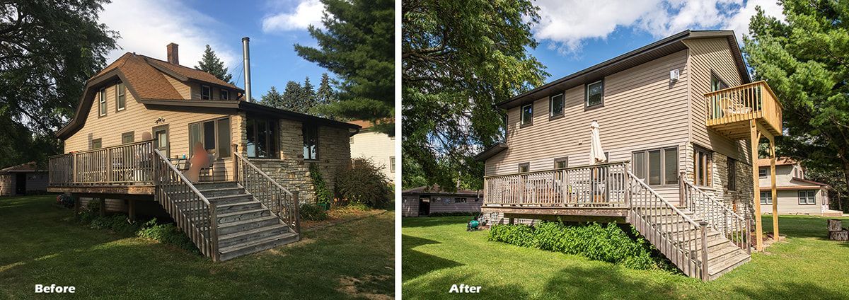 A before and after picture of a house with a deck and stairs.