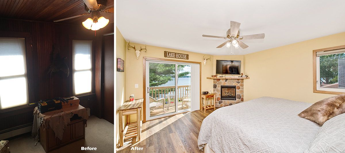 A before and after photo of a bedroom with a ceiling fan.