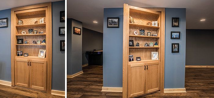 There is a hidden door in the wall that looks like a bookshelf.