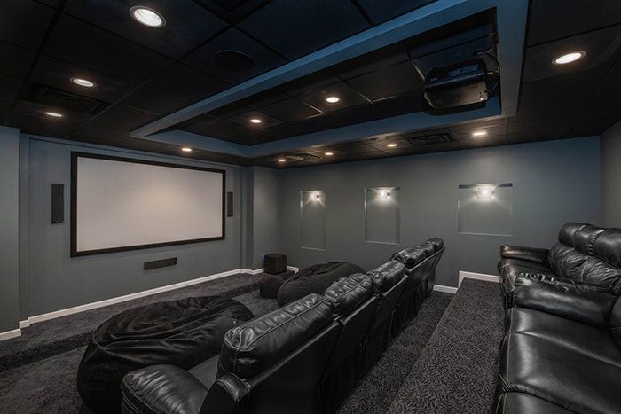 A home theater with a large screen and black leather couches.