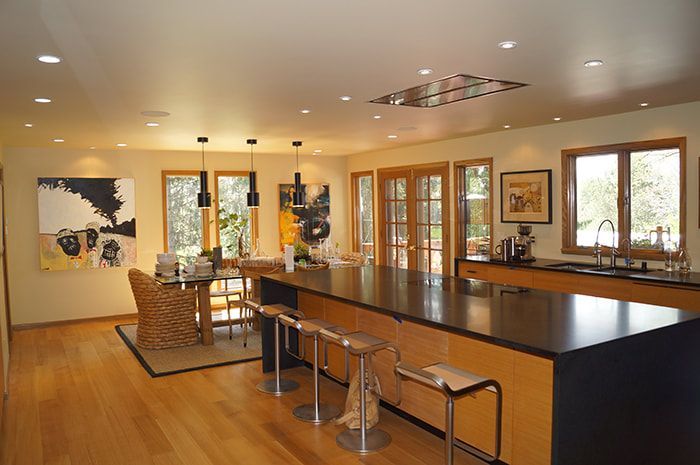 A kitchen with a large island and stools