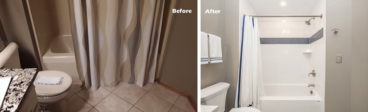 A before and after photo of a bathroom with a shower curtain.