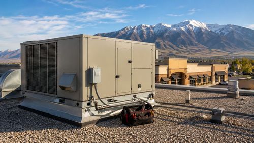 Beige rooftop HVAC unit on a gravel roof with mountains in the background.