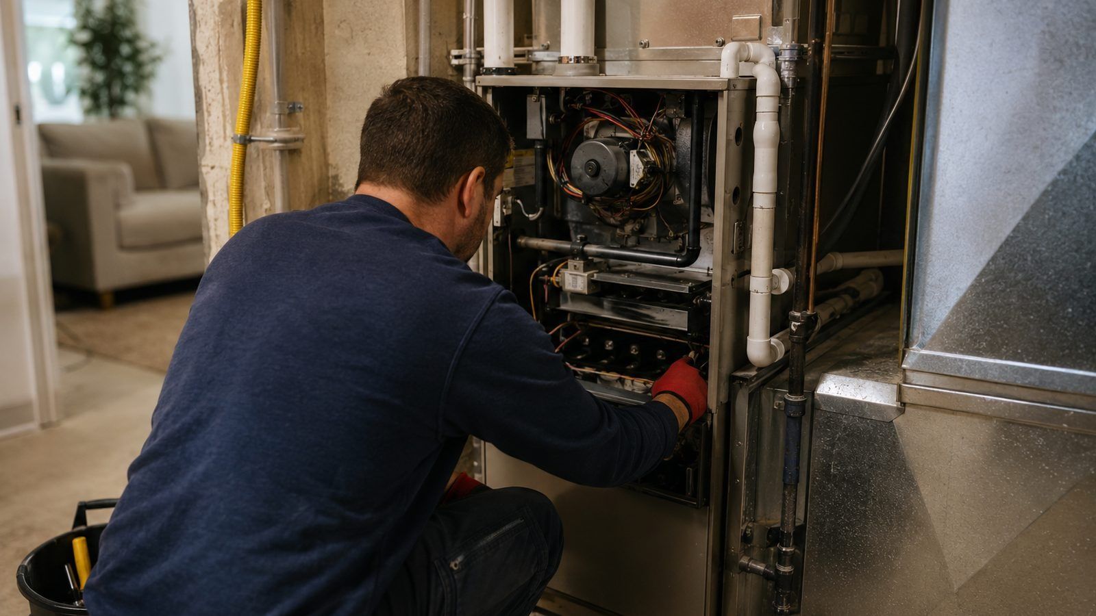Technician in navy shirt repairing an open HVAC unit indoors