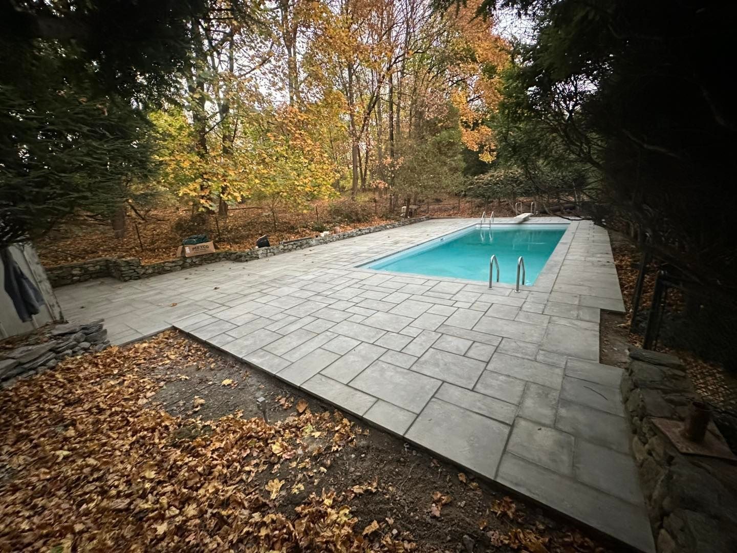 A large swimming pool is surrounded by trees and leaves.