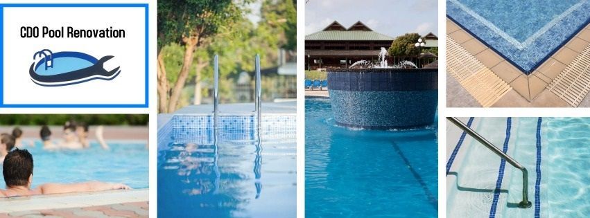 A man is swimming in a pool with a sign that says pool renovation.