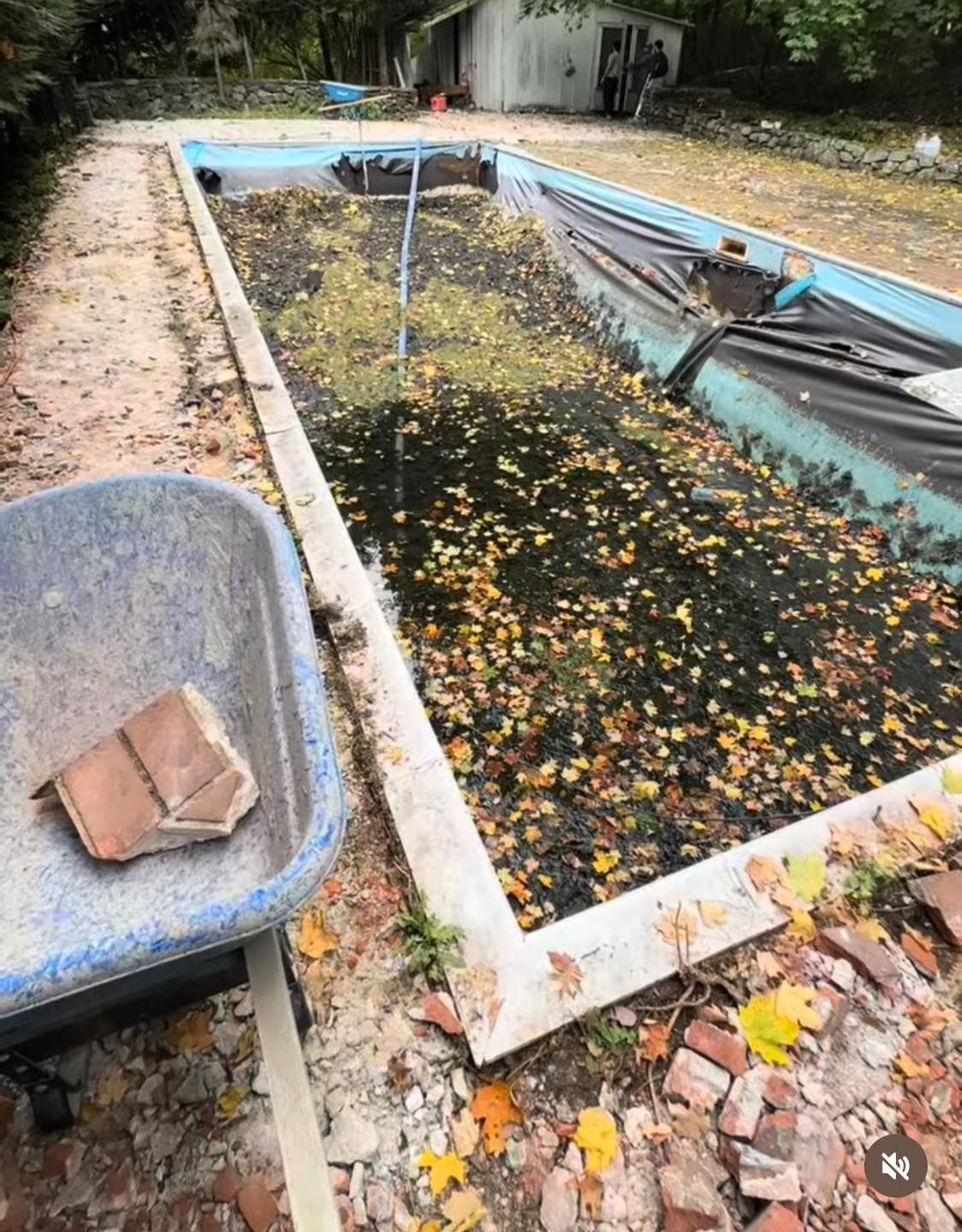 A wheelbarrow is sitting next to an empty swimming pool.