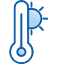 A blue and white thermometer with a sun in the background