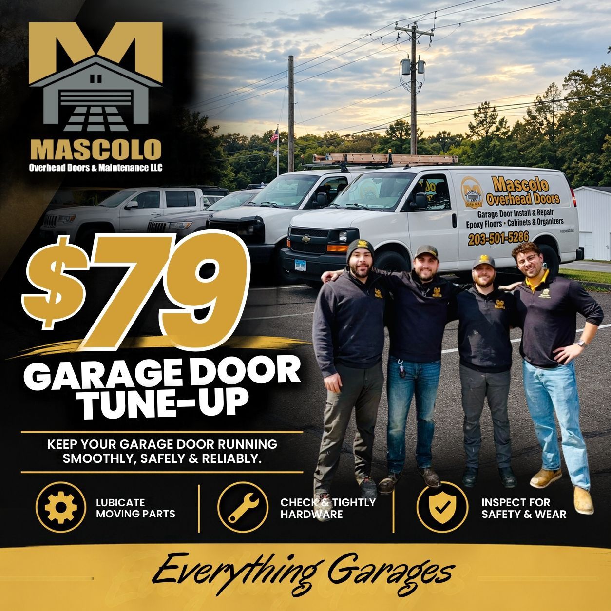 Mascot Garage Door Tune-Up ad with $79 offer, service van, and three workers outside at sunset