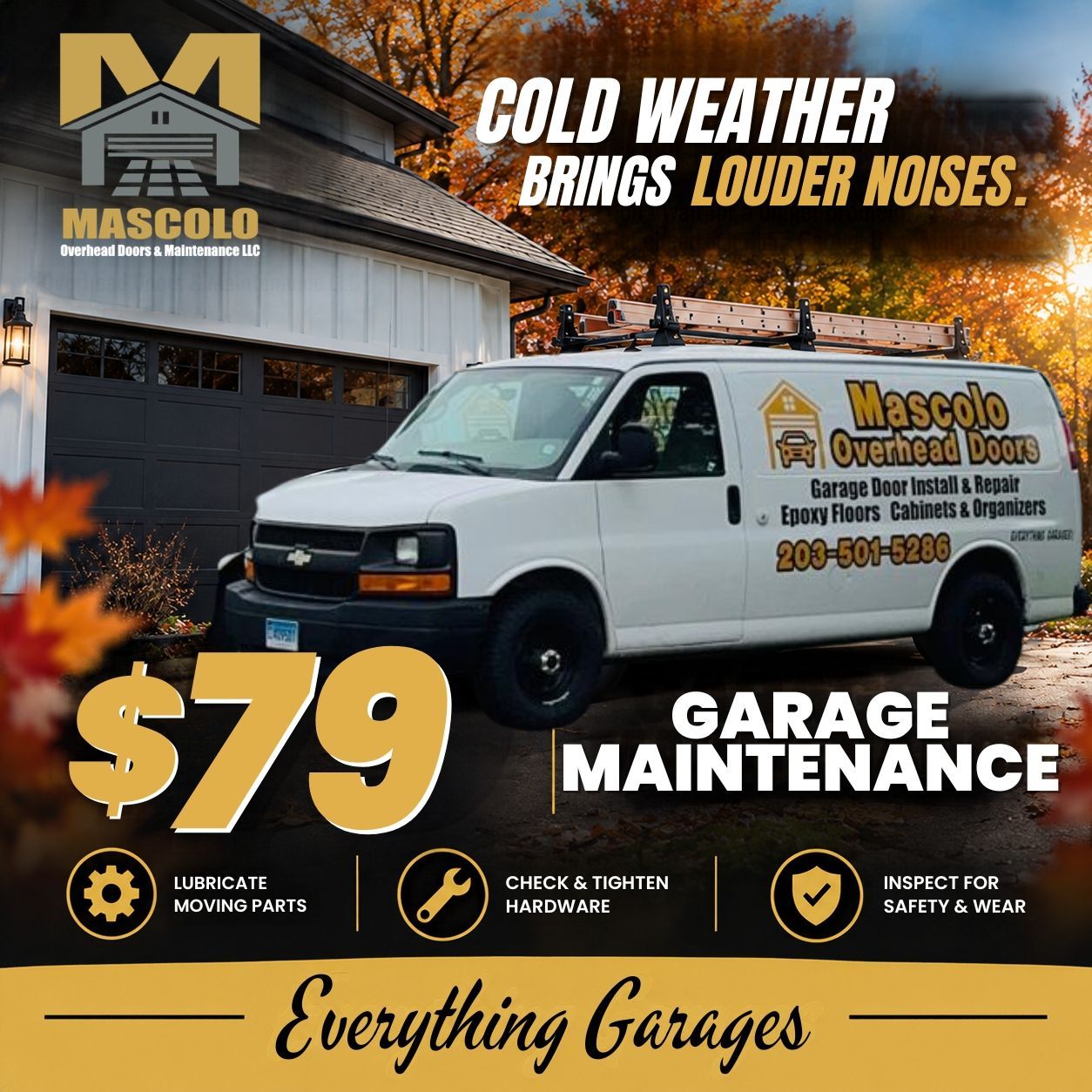 Mascolo Garage Door Maintenance ad with white van, autumn house, and bold $79 cold-weather service offer.