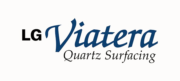 Logo for LG Viatera Quartz Surfacing, navy text with white background.