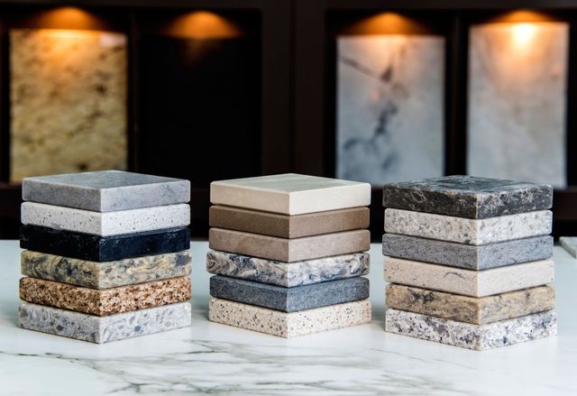 Stone countertop samples stacked in front of cabinet displays with various stone patterns and colors.