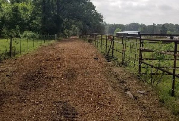 Dirt path between metal fences, leading toward trees and buildings under a cloudy sky.