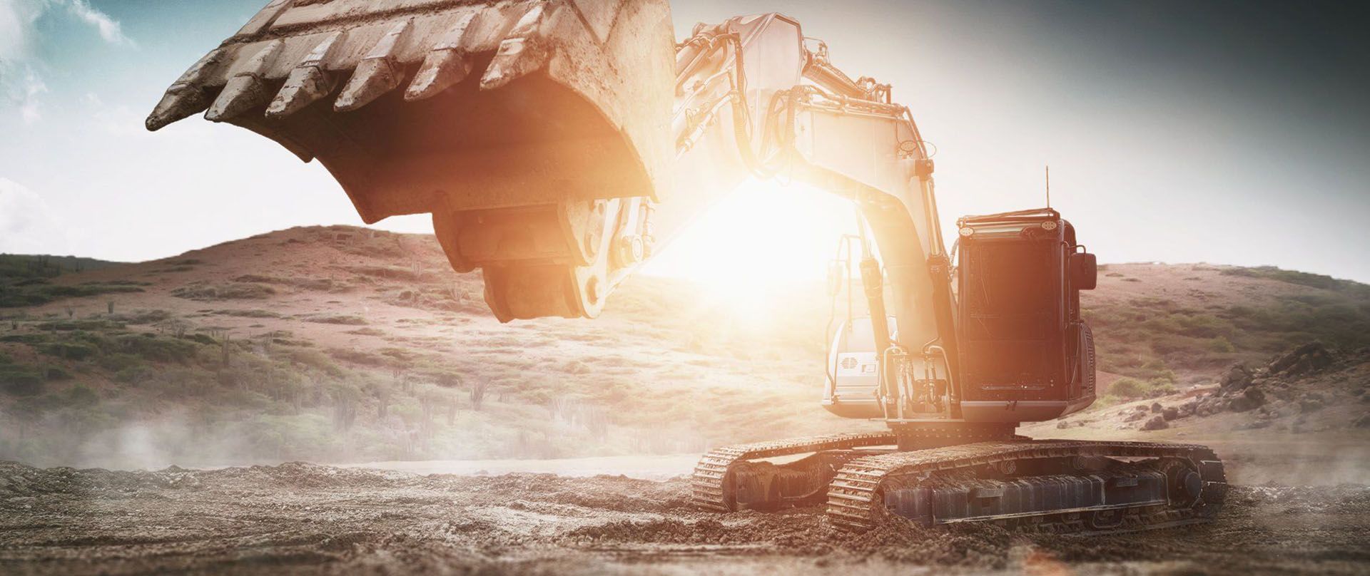 A construction excavator with its bucket in the air, silhouetted against a bright, sunny sky.