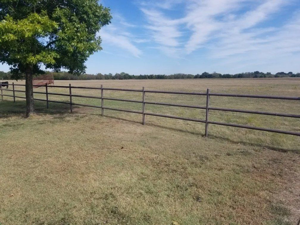 A field with a wooden fence and tree under a partly cloudy blue sky.