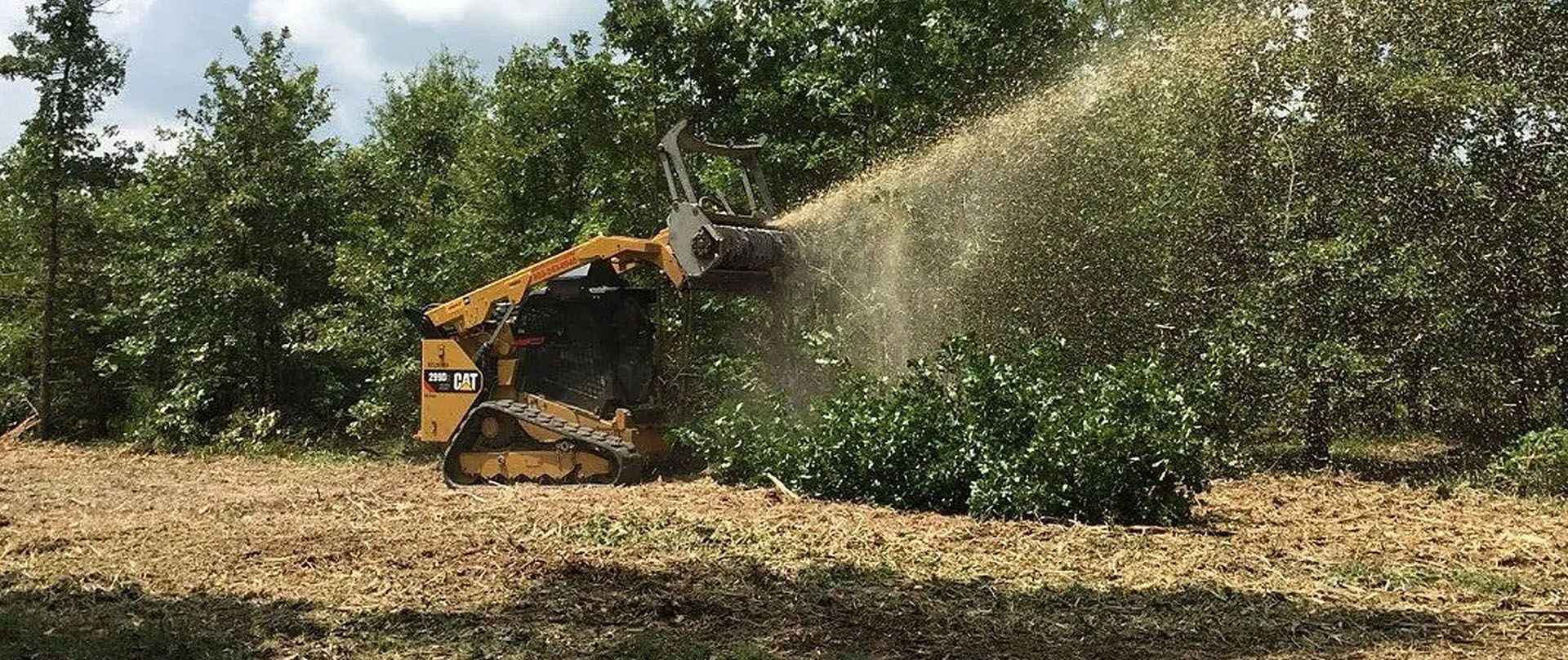 A yellow skid steer mulching trees, with wood chips spraying out, in a field with trees in the background.