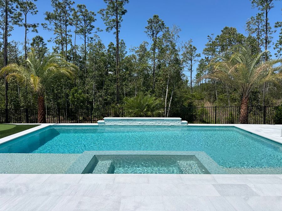 A rectangular turquoise pool with white stone surrounding it. Palm trees and lush green trees sit behind the pool under a clear blue sky.