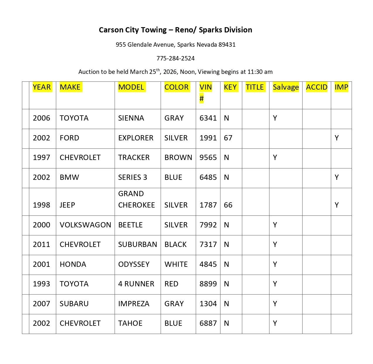 Table listing vehicle inventory for Carson City Towing, including year, make, model, color, VIN, and status.
