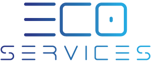 A blue and white logo for eco services on a white background.