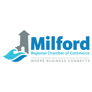 Milford Regional Chamber of Commerce logo with blue text, gray tower, and wave icon, tagline “Where Business Connects”