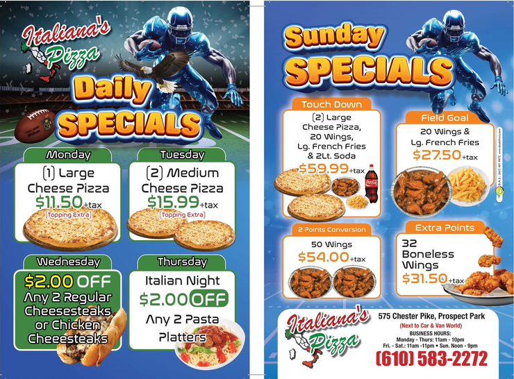 Italiano's Pizza specials: daily deals on pizza, pasta, wings, and sides with football graphics.