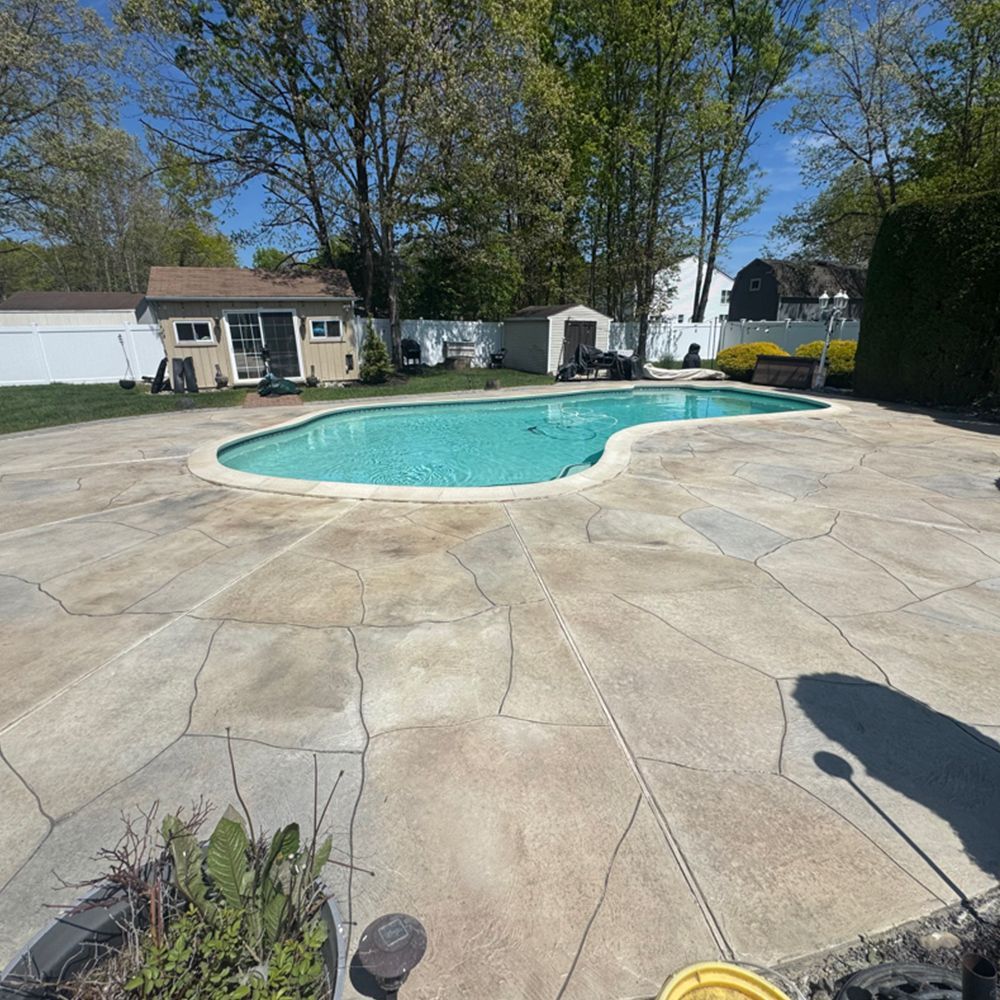 Backyard swimming pool with stone patio, trees, and a small shed on a sunny day