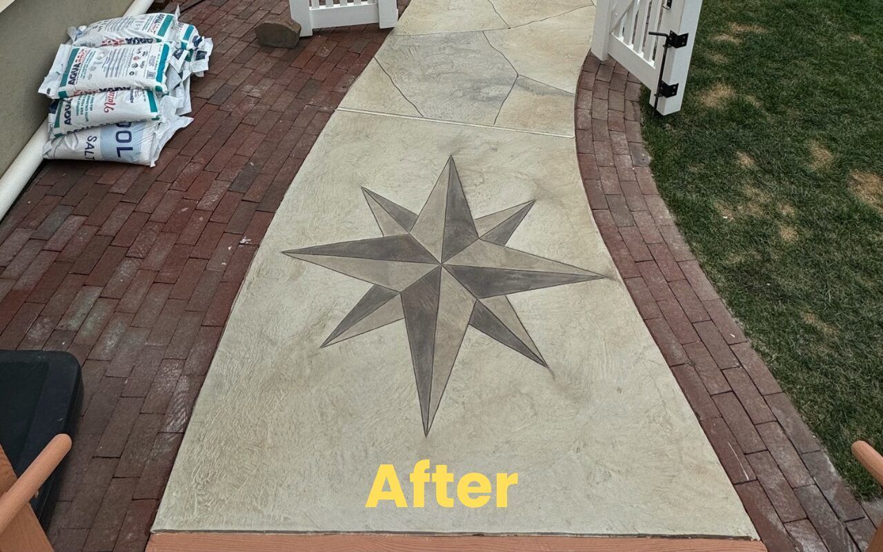 Branched brick walkway with a star compass design and yellow “After” text at the bottom