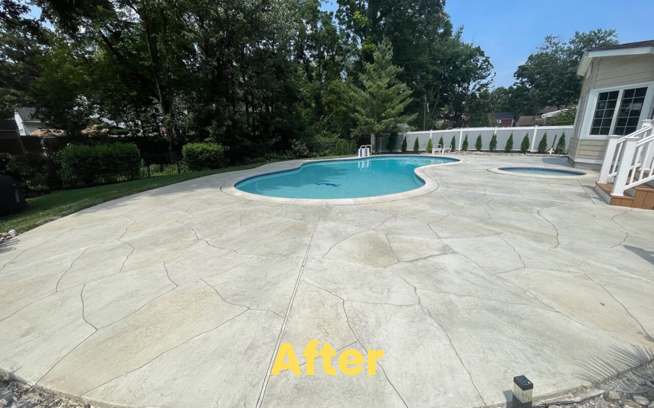 Backyard pool with newly resurfaced light concrete deck and blue water, labeled “After”