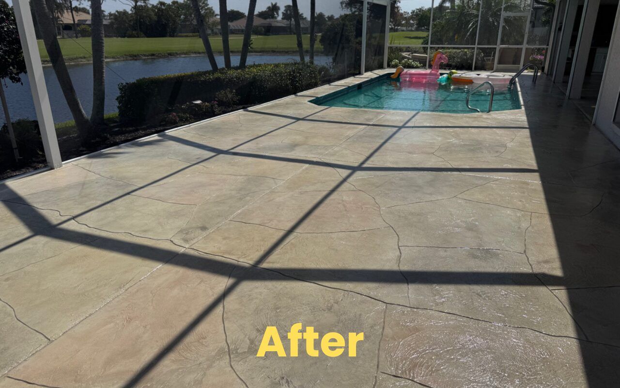 Textured concrete pool deck with a fenced pool and red chairs in the distance, labeled “After.”