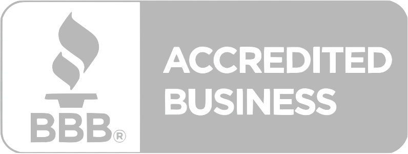 BBB Accredited Business logo in gray and white with bold white text on gray background