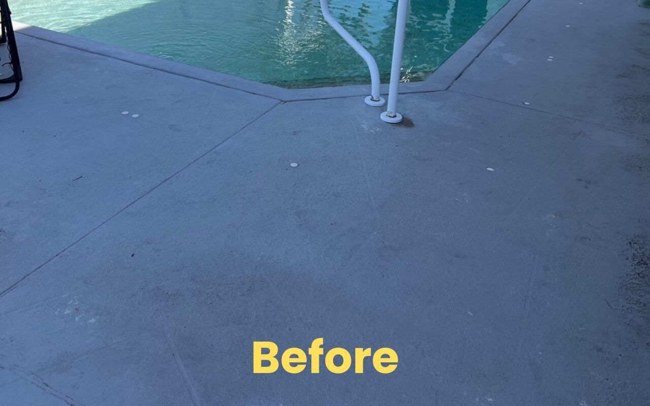 Concrete pool deck with a white handrail beside water; “Before” text at the bottom.
