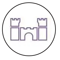 Simple line drawing of a castle icon inside a circle, in black outline on white background